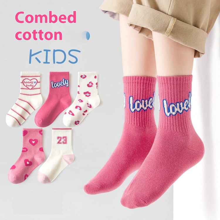 Girls pure cotton mid-calf socks 5-pair set for ages 3-13