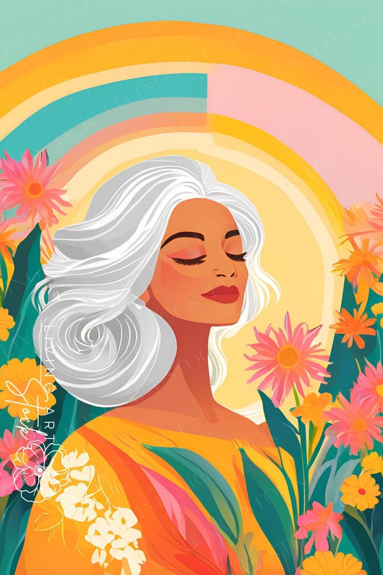 Pastel Illustrated portrait of a woman with white hair and closed eyes in a field of colorful flowers.