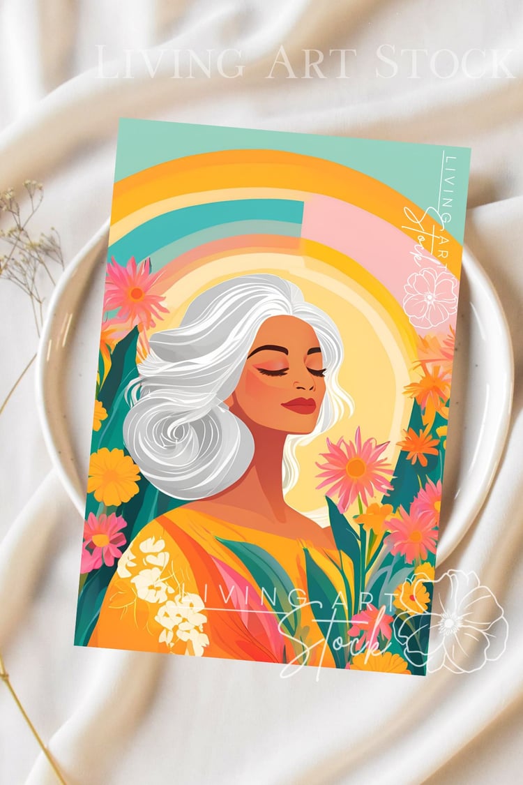 Pastel Illustrated portrait of a woman with white hair and closed eyes in a field of colorful flowers.