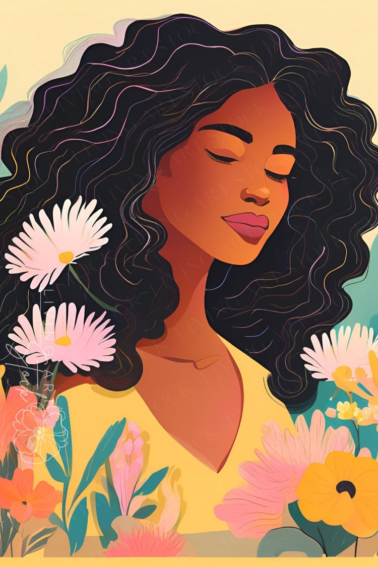 Illustrated portrait of a Black woman with closed eyes and large curly hair, surrounded by pink daisies, yellow flowers, and green leaves in a calm flat-vector style.