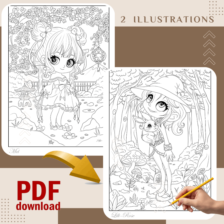 Coloriage Adulte à imprimer - Pack 2 Illustrations Kawaii - Meï et Lili-Rose - Art Digital Téléchargeable - Coloriage Antistress