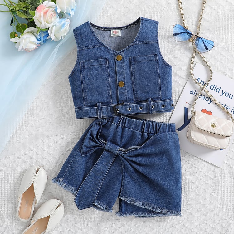 Girls summer denim two-piece outfit with bow detail