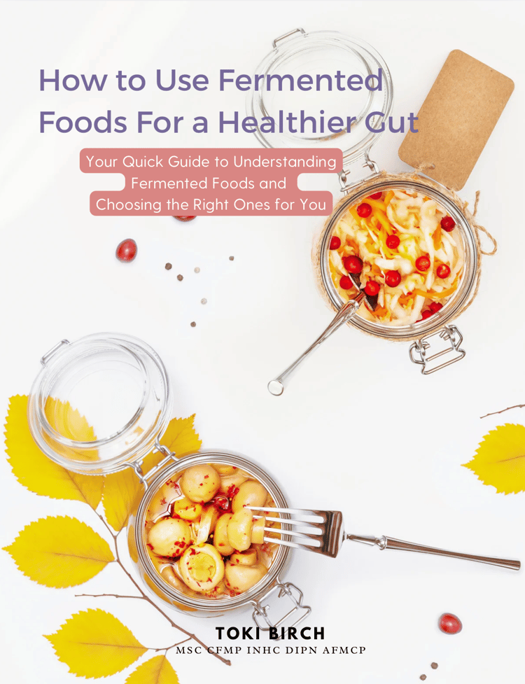 Cover image for a PDF guide titled “How to Use Fermented Foods For a Healthier Gut”, with a subtitle about understanding fermented foods and choosing the right ones. The background is a light flat-lay photo showing jars of fermented vegetables, a jar of c
