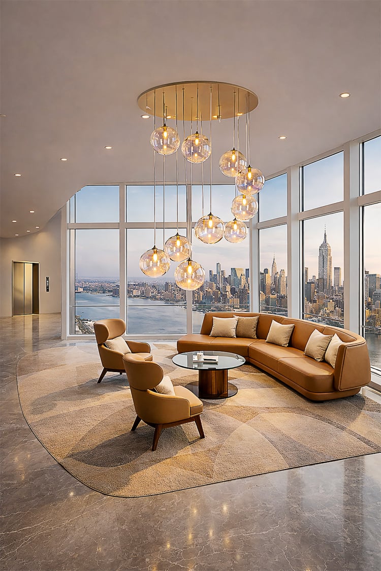 luxury office lounge, executive lounge interior, skyline office design, modern corporate interior, panoramic glass office, marble floor office, leather sofa office, high end workspace, architectural visualization, 8k interior render