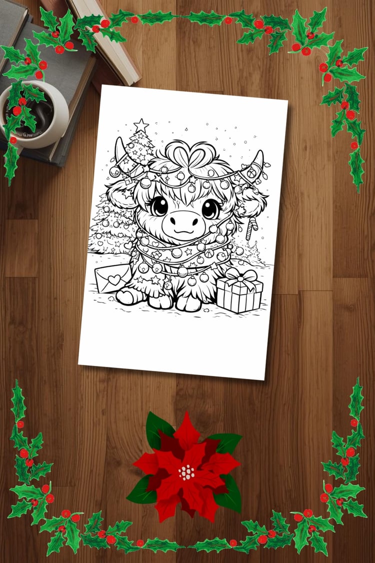 Printable Christmas cow coloring page with tree and ornaments