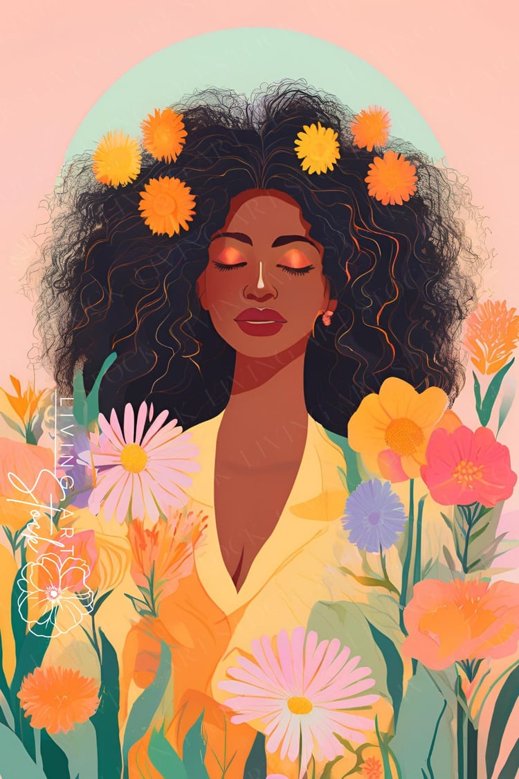 Vector illustration of a Black woman with natural afro hair adorned with yellow marigolds, her eyes closed, wearing a yellow robe, surrounded by a dense garden of daisies, cosmos, and lilies against a peach background.