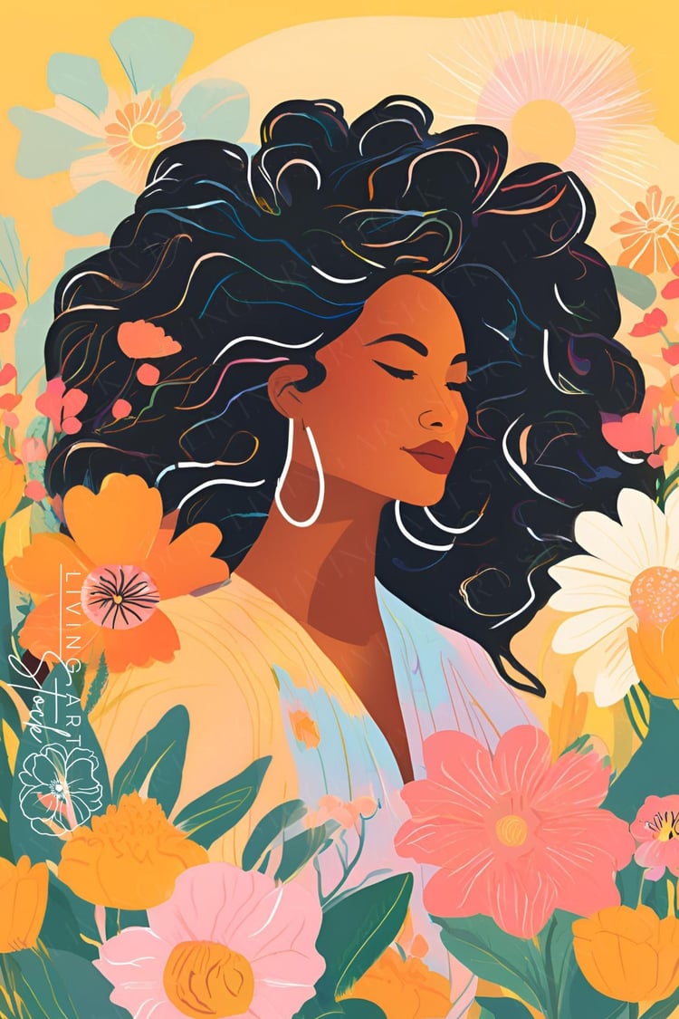 Flat vector illustration of a Black woman with large, wavy, dark hair, large white hoop earrings, and eyes closed in a profile view, surrounded by colorful abstract pink, orange, and blue flowers against a sunny yellow background.