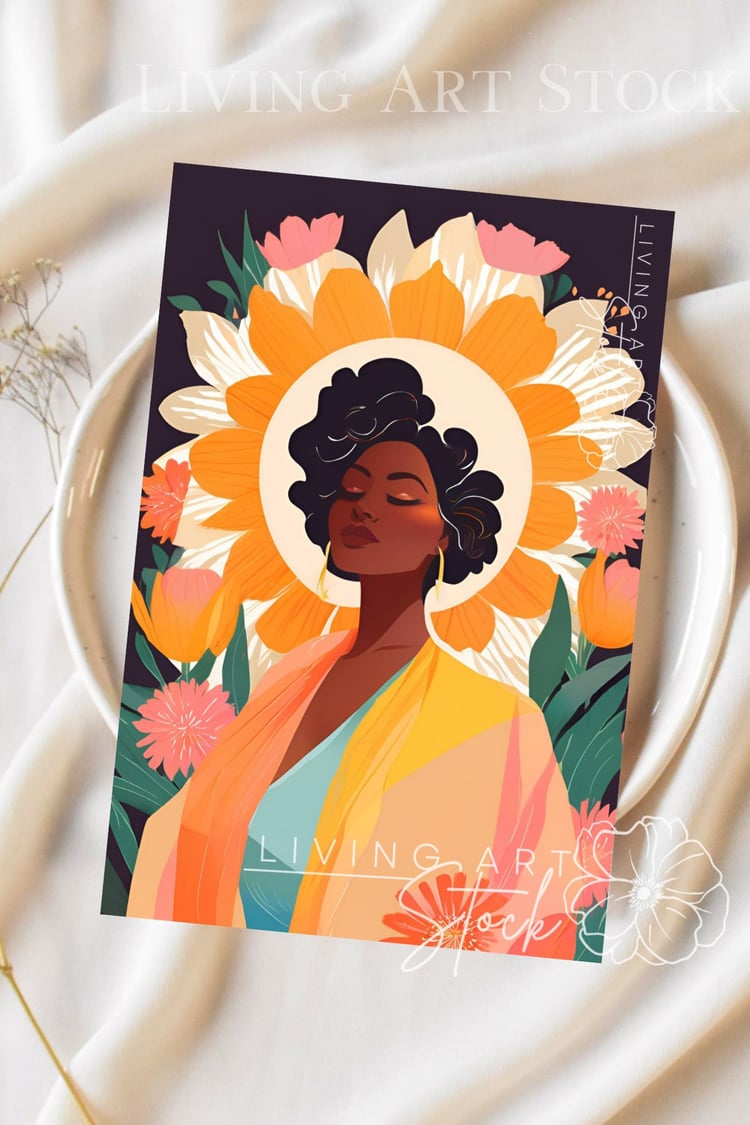 Vector illustration of a beautiful Black woman in a multi-layered yellow, orange, and teal robe with large hoop earrings and a short, textured hairstyle, her eyes closed in peace against a dark background with a large yellow and white sunburst floral halo