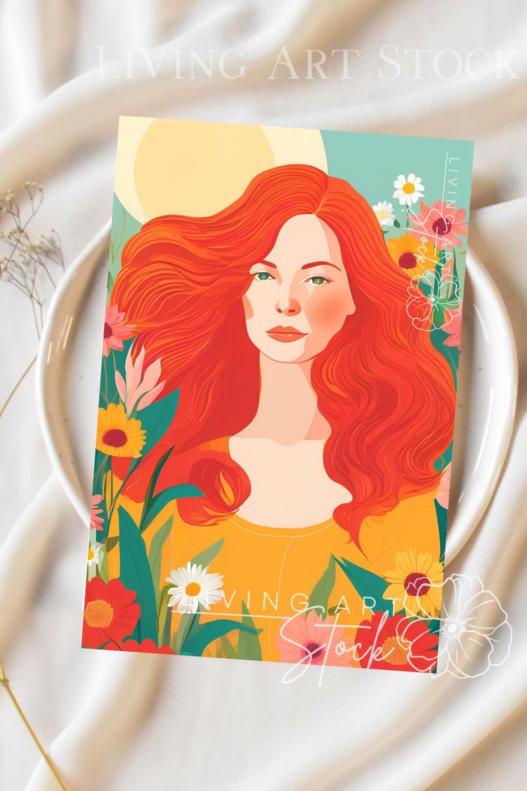 Vector illustration of a woman with long, flowing, vibrant red hair and green eyes, looking forward, surrounded by a dense garden of pink, yellow, red, and white daisies and wildflowers against a sunny teal and yellow background.