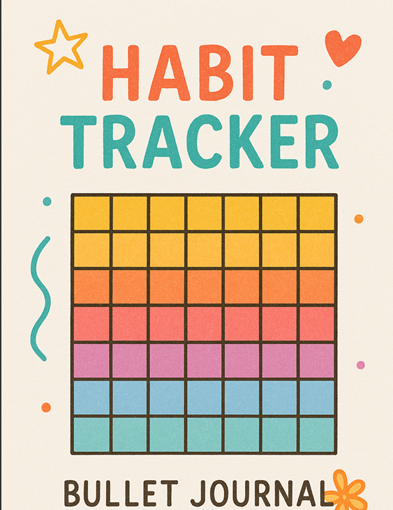 "Cover of Colorful Simple Habit Tracker with bright, cheerful design – bullet journal style printable for tracking daily habits and goals."