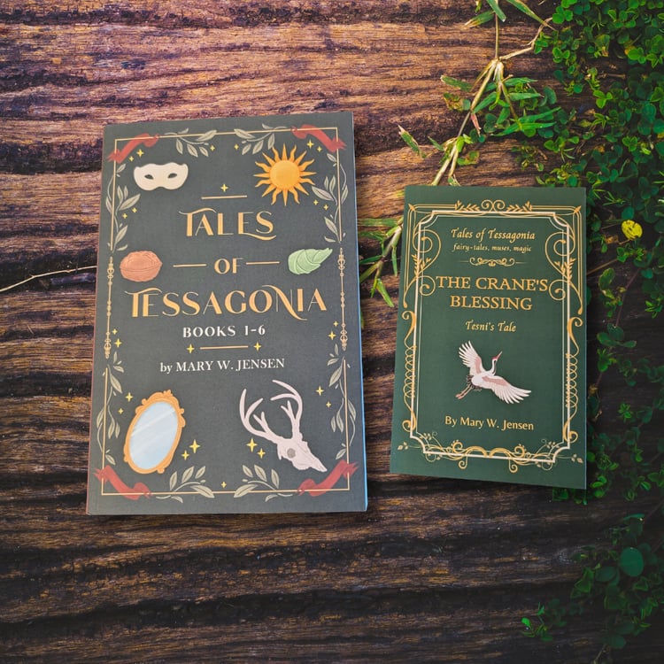Size comparison between trade paperback of Tales of Tessagonia: Books 1-6 and mini print book The Crane's Blessing
