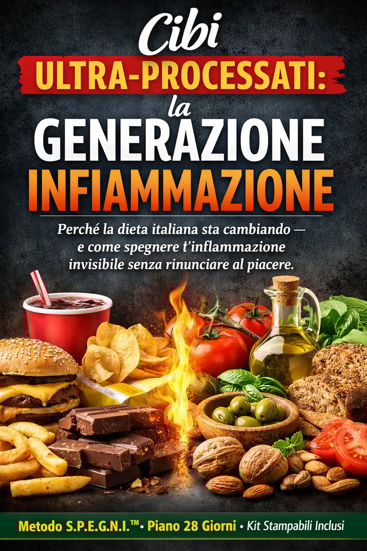 cibi ultra processati Italia, infiammazione cronica silenziosa, dieta mediterranea moderna, infiammazione e stanchezza, alimentazione anti infiammatoria italiana, microbiota intestino cervello, picchi glicemici e fame continua, come leggere le etichette a