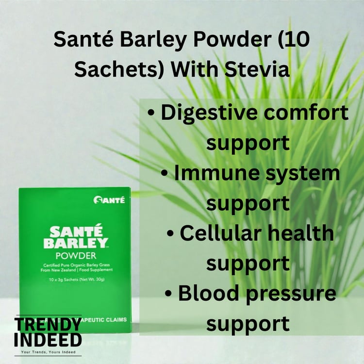 Santé Barley Powder with Stevia 10 x 3g sachets certified organic New Zealand barley grass drink