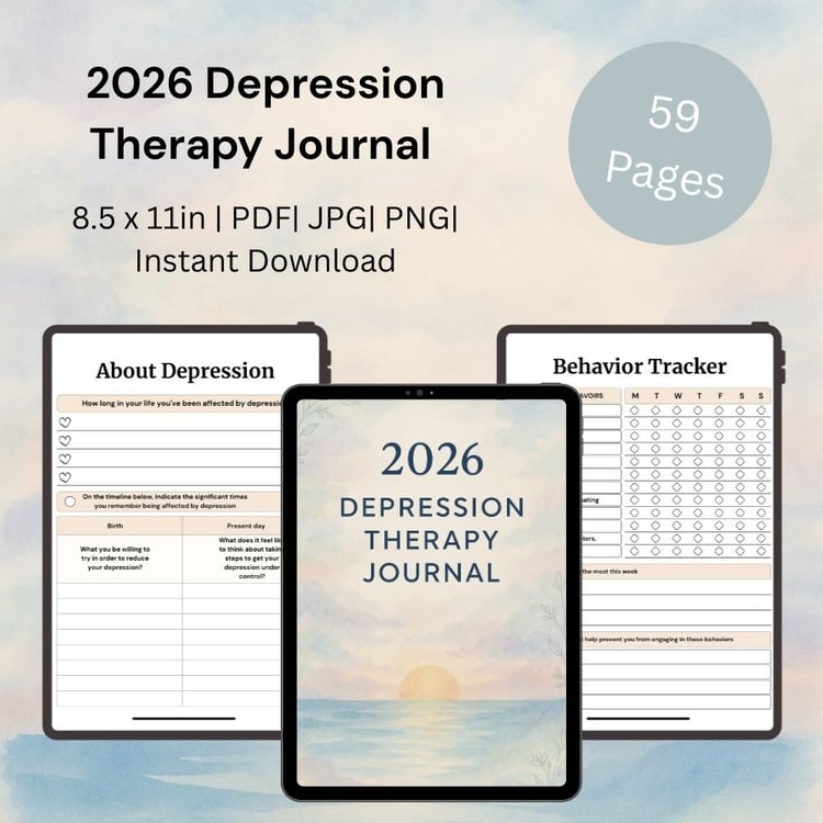 2026 depression therapy journal printable 59-page mental health planner PDF
