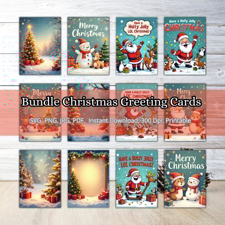 Printable Christmas card set with 12 festive designs