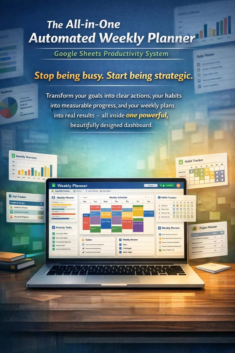 Professional mockup of an all-in-one automated Google Sheets weekly planner on a laptop, featuring a modern dashboard, habit tracker, and goal setting system