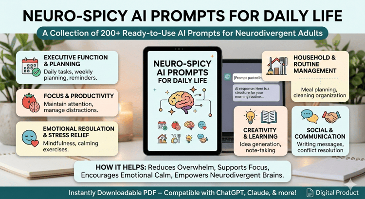 Digital product Neuro-Spicy AI Prompts for Daily Life showing AI chat interface with prompts for focus, planning, household management, emotional support, and productivity. Designed to help neurodivergent adults like those with ADHD, autism, or dyslexia