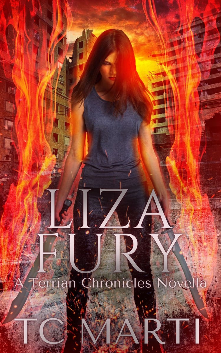 Liza Fury by TC Marti. A teenage girl conjures flames from two swords a she stands, glaring, in front of a ruined coke plant.