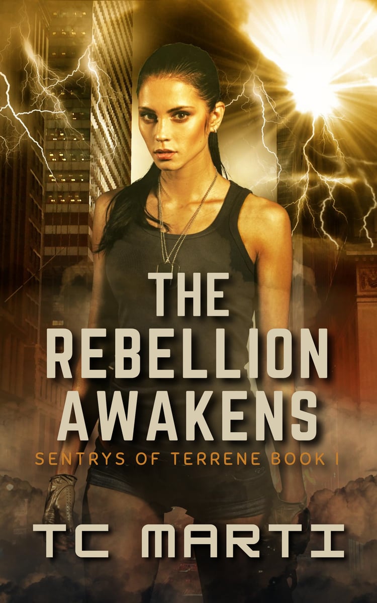 The Rebellion Awakens by TC Marti. A female wearing a tank top and dog tags stands in front of a wrecked dystopian city