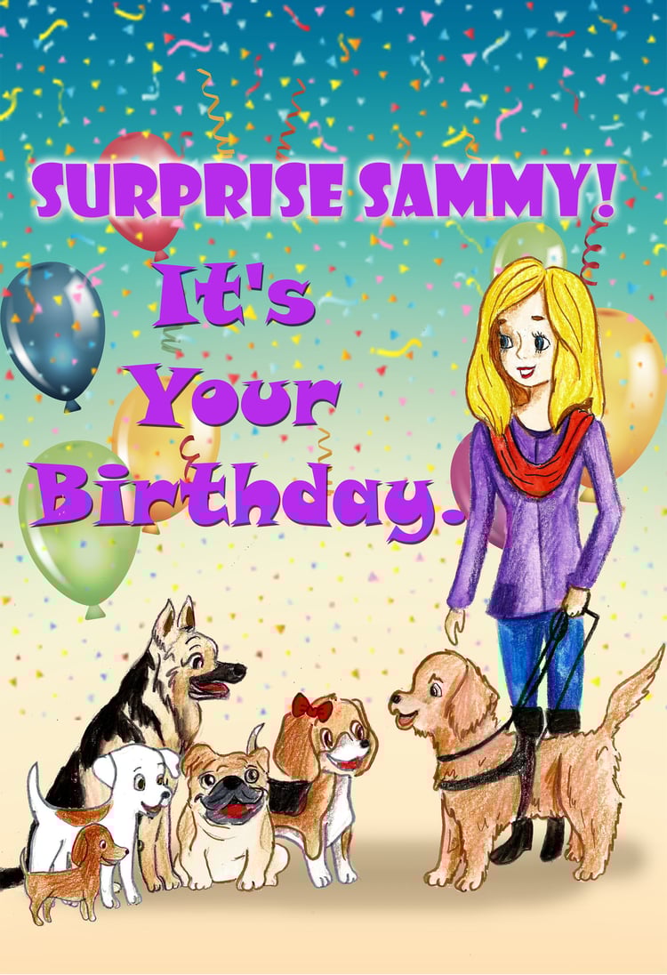 Cover has balloons, confetti, and large purple text. The text reads: “SURPRISE SAMMY! It’s Your Birthday.” The background is a blue-to-light gradient filled with scattered confetti and curly streamers, plus balloons in colors like red, blue, green, and or