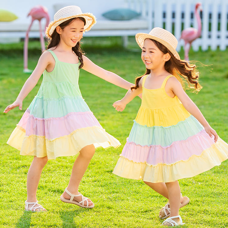 Girls sleeveless rainbow dress with large cotton skirt