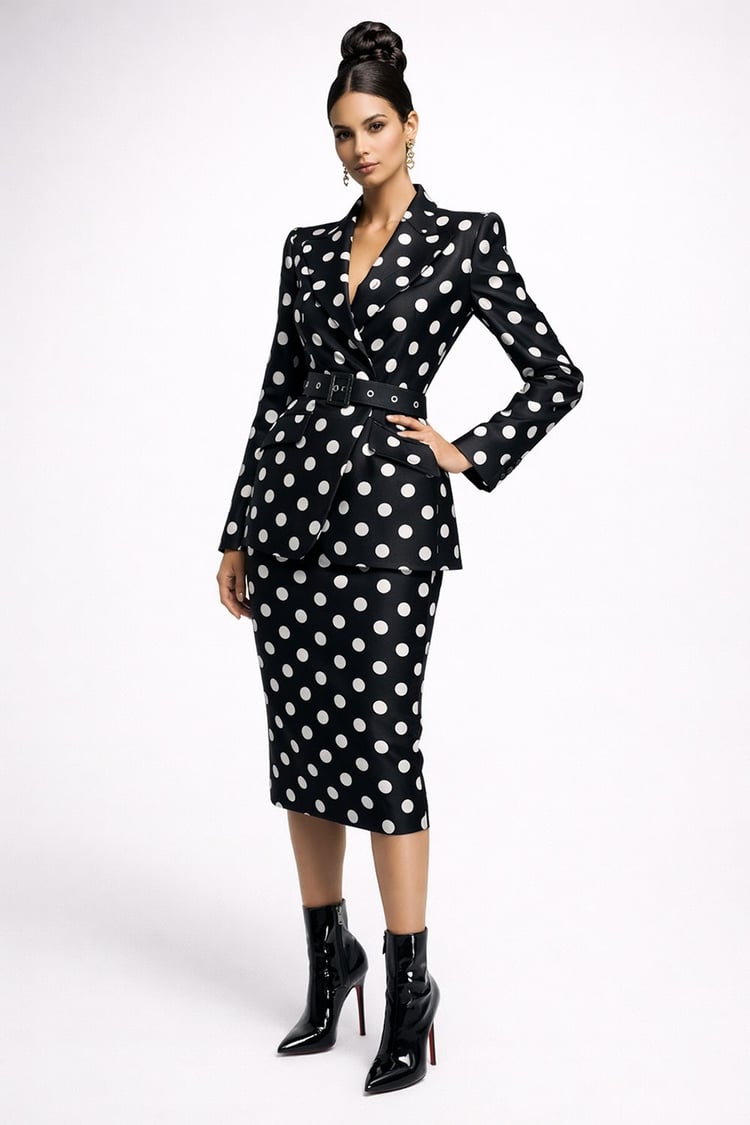 Polka Elegance captures refined femininity, power dressing, and classic black-and-white luxury styling in one cohesive editorial art collection. Featuring a tailored polka dot power suit styled with sleek patent stiletto boots, this high-fashion artwork b