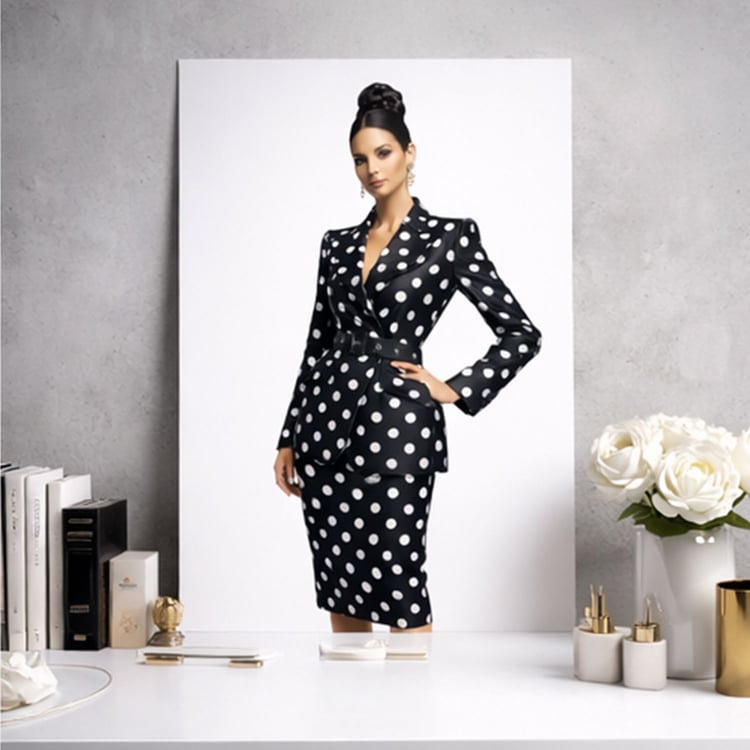 Polka Elegance captures refined femininity, power dressing, and classic black-and-white luxury styling in one cohesive editorial art collection. Featuring a tailored polka dot power suit styled with sleek patent stiletto boots, this high-fashion artwork b