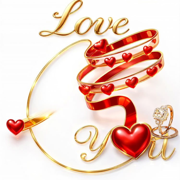 Luxury 3D gold “Love” script with red glossy spiral ribbon and glowing heart accents. High-end romantic artwork inspired by fine jewelry aesthetics. Perfect for wedding invitations, Valentine’s Day designs, anniversary prints, engagement announcements, an
