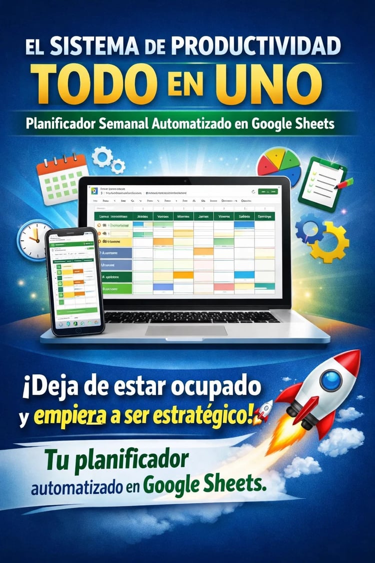 Portada del Planificador Semanal Automatizado en Google Sheets mostrando laptop, smartphone y cohete despegando con el lema "¡Deja de estar ocupado y empieza a ser estratégico!