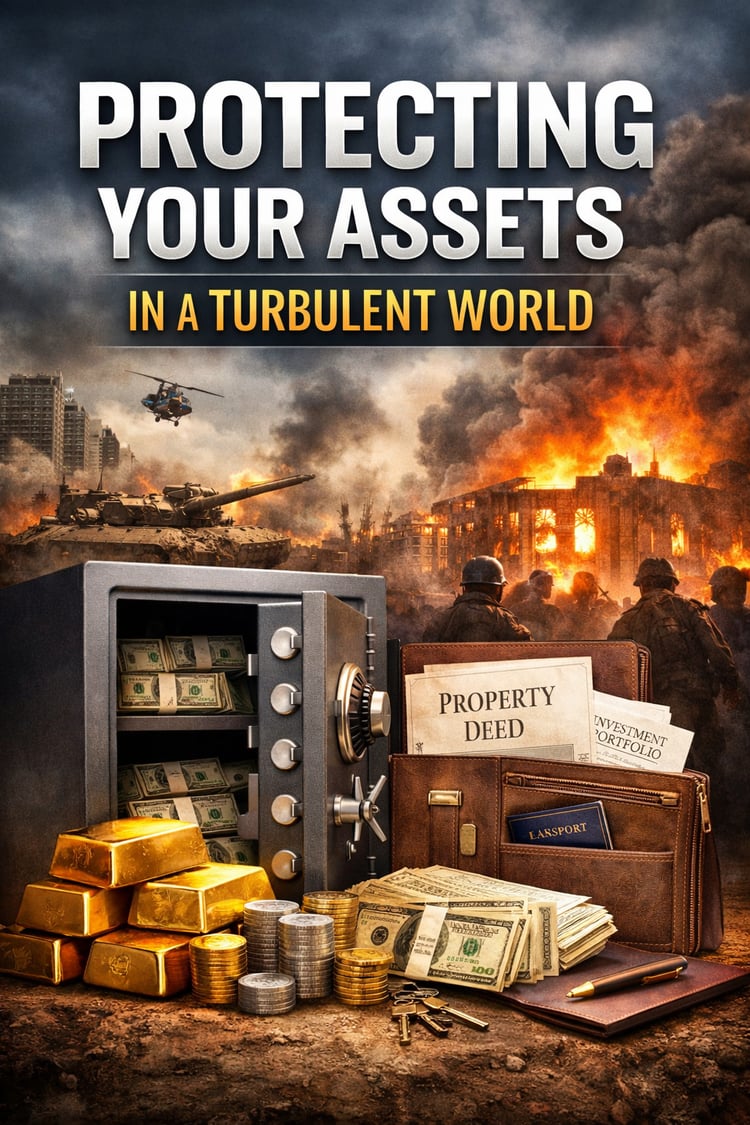 Illustration showing a person protecting cash, gold, digital assets, and real estate under a stormy, chaotic sky representing global instability, political unrest, war, and natural disasters, symbolizing asset protection strategies for turbulent times.