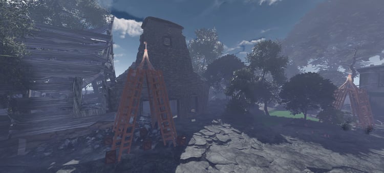 Ruined buildings and debris Roblox urban landscape