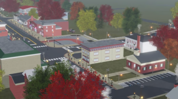 American small town Roblox map with autumn scenery
