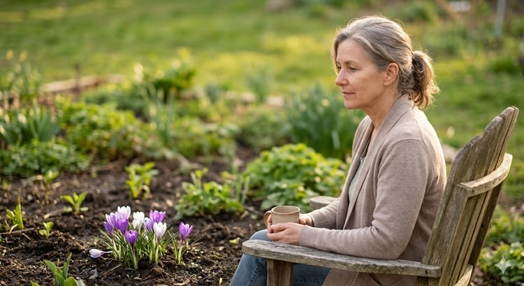 A woman wearing a green cardigan sits comfortably and relaxed in a peaceful outdoor garden setting.