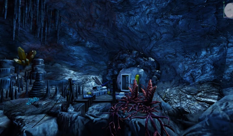 Roblox alien cave with glowing blue crystals