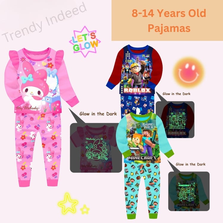 Glow in the dark kids pajamas pixel game inspired sleepwear for ages 8-14