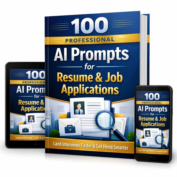 3D eBook cover titled "100 Professional AI Prompts for Resume & Job Applications" displayed on tablet and smartphone screens with modern professional design.