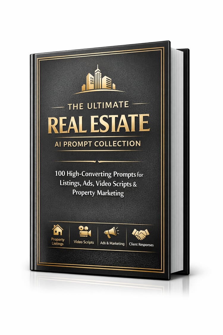 "Luxury Edition 3D ebook cover of Ultimate Real Estate AI Prompt Collection with 100 high-converting prompts for listings, ads, and real estate marketing."