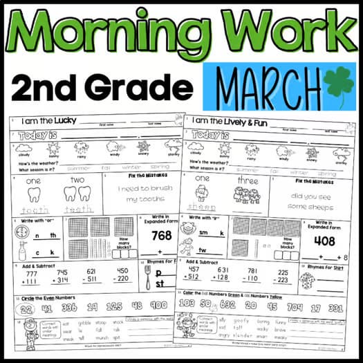 March Morning Work Second Grade Math and ELA Digital and PDF