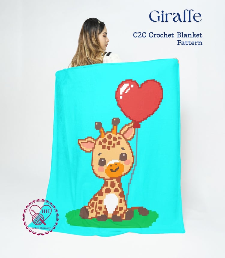 Cute giraffe C2C crochet blanket pattern with heart balloon – baby graphghan design