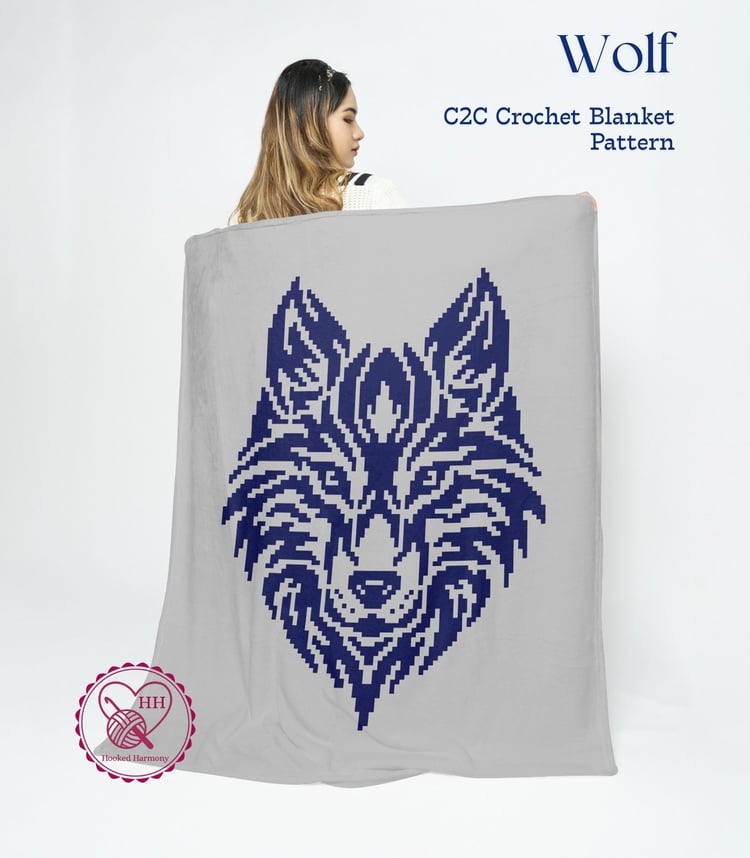 Tribal wolf C2C crochet blanket pattern cover image