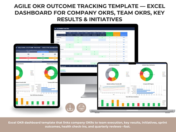 Agile OKRs and outcome tracking Excel executive dashboard showing KPI tiles, OKR and initiative status charts, confidence trend, and company OKR progress.