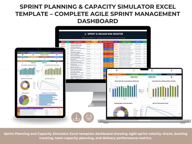 Sprint Planning and Capacity Simulator Excel template dashboard showing Agile sprint velocity charts, backlog tracking, team capacity planning, and delivery performance metrics.