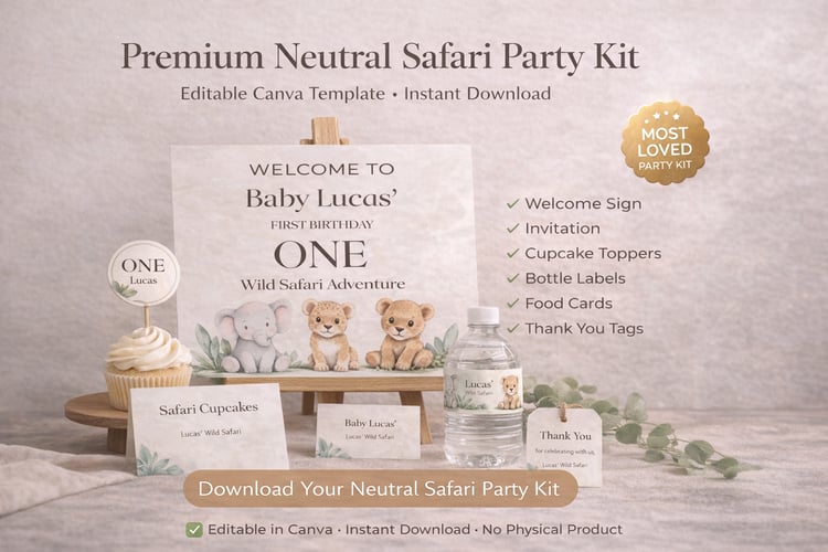 Neutral safari birthday party kit printable editable Canva template bundle