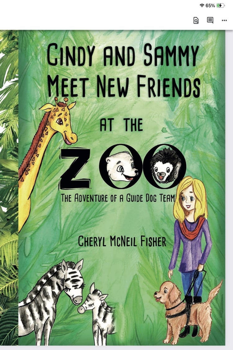 The cover is bordered on four sides with big jungle type leaves. Cindy and Sammy Meet New Friends at the Zoo. In the word Zoo, the first letter O has the spider monkey smiling and in the other O is the face of the polar bear. On the left side coming throu