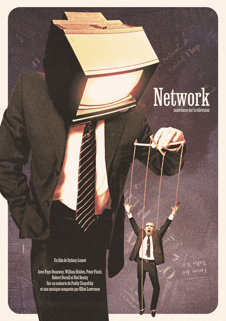 One movie poster for "Network" shows a man in a suit with a TV head. He is dangling a much smaller Howard Beale on puppet strings.