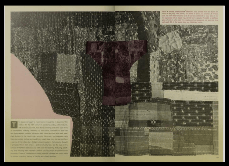A spread from New Fashion Japan by Leornard Koren. A kimono is mended with sashiko stitches.