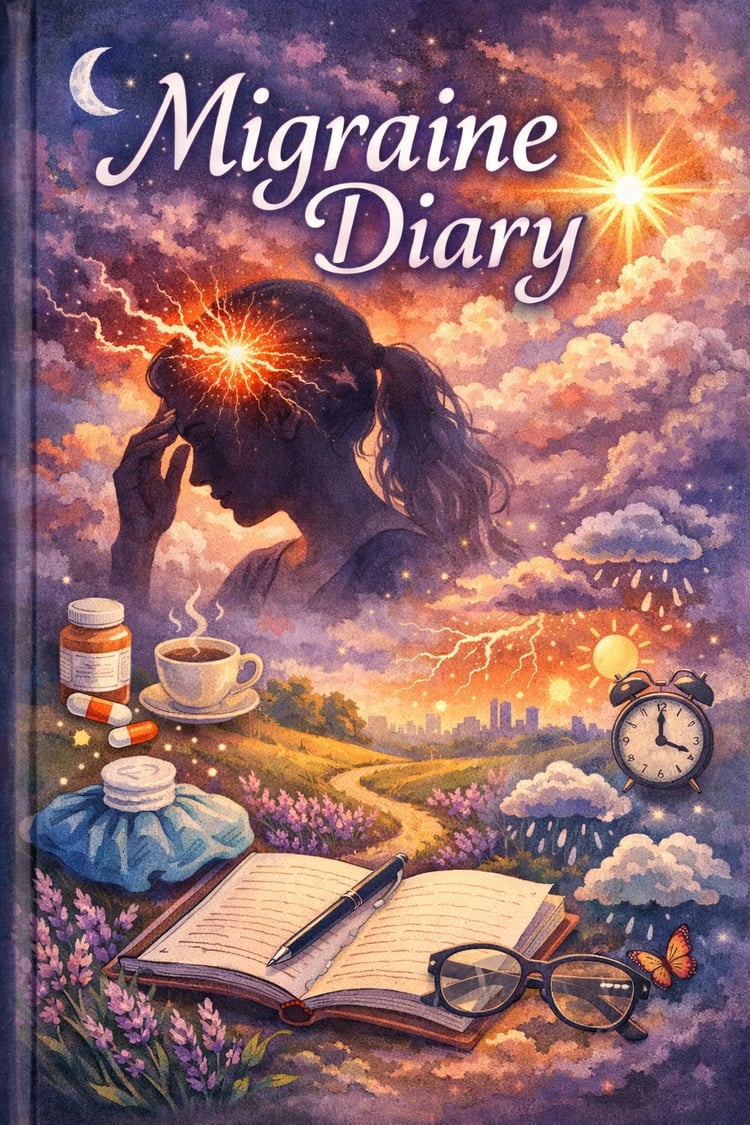 Dreamy, artistic Migraine Diary cover featuring a woman with a headache surrounded by medical and weather symbols.