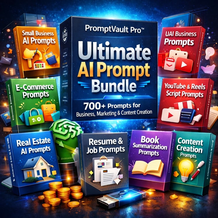A premium digital bundle showcasing PromptVault Pro™ Ultimate AI Prompt Bundle, featuring seven AI prompt packs designed for business, marketing, content creation, e-commerce, resume writing, book summarization, and video scripts. The design highlights mo