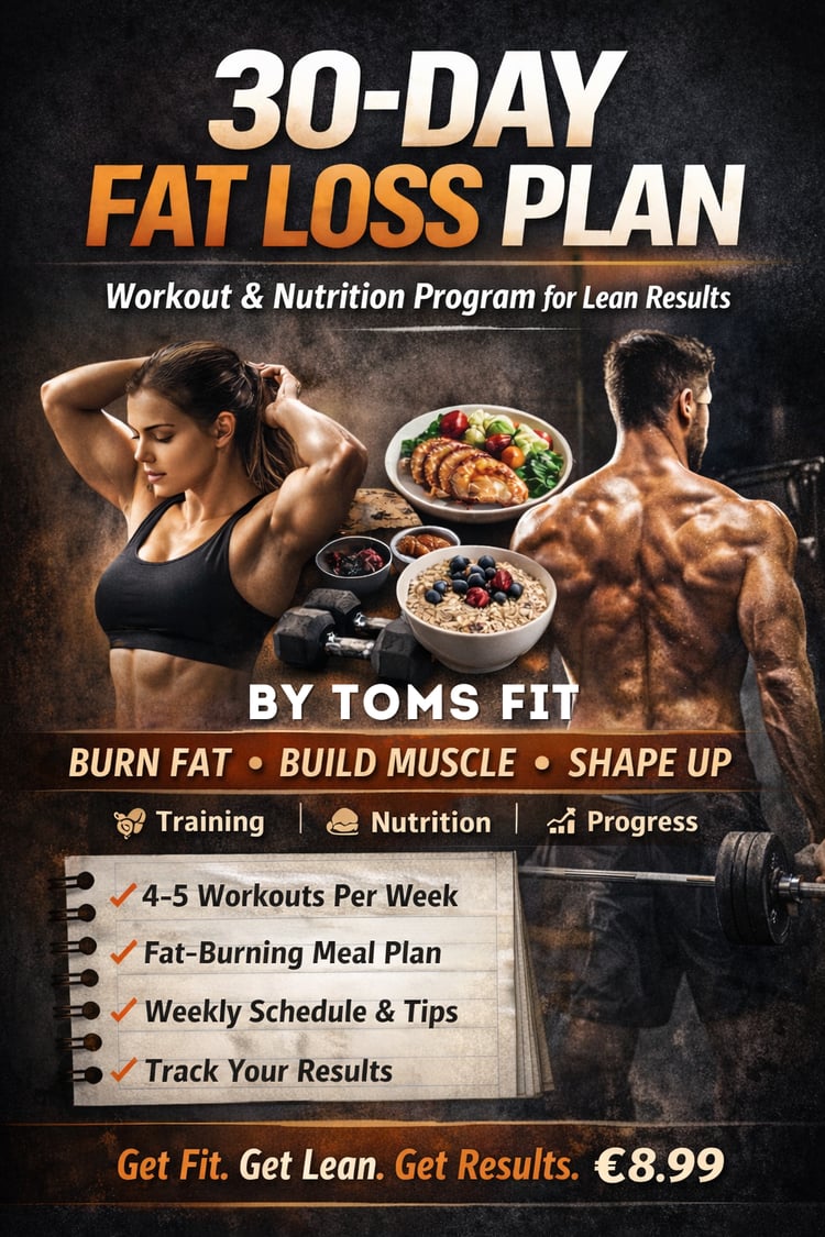 The 30-Day Fat Loss Plan by TOMS FIT is a complete workout and nutrition program designed to help you burn fat, build lean muscle, and improve overall fitness in just 30 days.  This step-by-step digital guide includes structured weekly workout plans, fat-