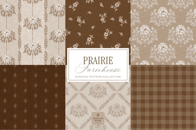 Prairie Farmhouse Surface Pattern Collection featuring brown and beige hand drawn floral designs